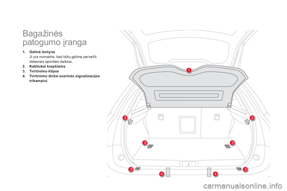 CITROEN DS5 2013  Eksploatavimo vadovas (in Lithuanian)    
 
 
 
 
 
 
 
 
 
 
 
 
Bagažinės 
patogumo įranga 
1.Galinė lentynaJi yra nuimama, kad būtų galima pervežti didesnės apimties daiktus. 2.Kabliukai krepšiams3.Tvir tinimo kilpos4.Tvirtini