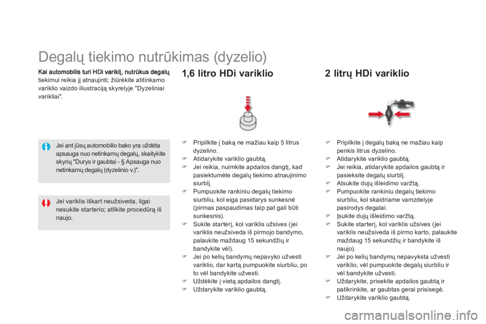 CITROEN DS5 2012  Eksploatavimo vadovas (in Lithuanian) tiekimui reikia jį atnaujinti; žiūrėkite atitinkamo 
variklio vaizdo iliustraciją skyrelyje "Dyzeliniai
v
arikliai".
   
 
 
 
 
 
 
 
 
 
Degalų tiekimo nutrūkimas (dyzelio)  
 
Jei ant jūsų