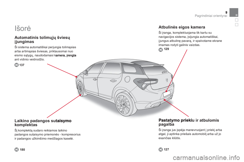 CITROEN DS5 2011  Eksploatavimo vadovas (in Lithuanian) Pagrindiniai orientyrai
   
Automatinis tolimųjų šviesų įjungimas 
 
Ši sistema automatiškai perjungia tolimąsias arba artimąsias šviesas, priklausomai nuo eismo sąlygų, naudodamasi kant v