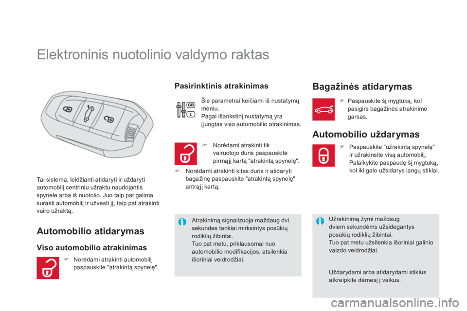 CITROEN DS5 2011  Eksploatavimo vadovas (in Lithuanian)    
 
 
 
 
 
 
 
 
 
 
 
 
 
 
 
 
Elektroninis nuotolinio valdymo raktas  
 
Automobilio atidarymas
Viso automobilio atrakinimas    
Pasirinktinis atrakinimas Bagažinės atidarymas
Tai sistema, lei