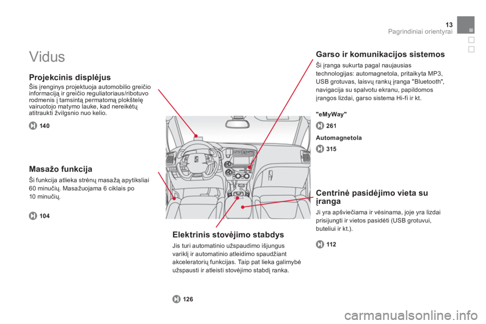 CITROEN DS5 HYBRID 2013  Eksploatavimo vadovas (in Lithuanian) 13Pagrindiniai orientyrai
  Vidus  
 
 
Projekcinis displėjus
 
Šis įrenginys projektuoja automobilio greičio
informaciją ir greičio reguliatoriaus/ribotuvo
rodmenis į tamsintą permatomą plok