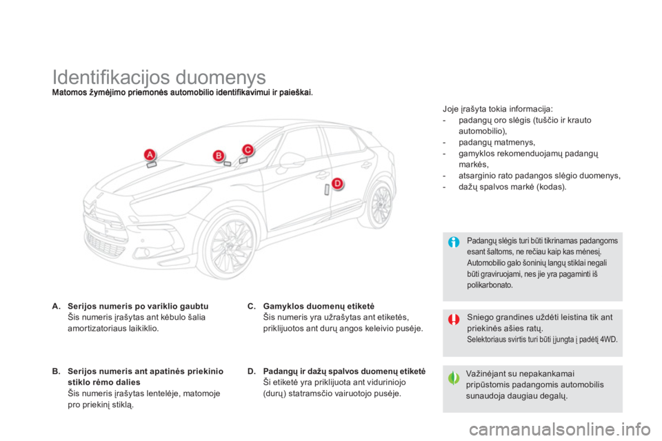 CITROEN DS5 HYBRID 2013 Eksploatavimo vadovas (in Lithuanian)
Identifi kacijos duomenys
A.Serijos numeris po variklio gaubtu
Šis numeris įrašytas ant kėbulo šaliaamortizatoriaus laikiklio.
Padangų slėg CITROEN DS5 HYBRID 2013 Eksploatavimo vadovas (in Lithuanian)
Identifi kacijos duomenys
A.Serijos numeris po variklio gaubtu
Šis numeris įrašytas ant kėbulo šaliaamortizatoriaus laikiklio.
Padangų slėg
