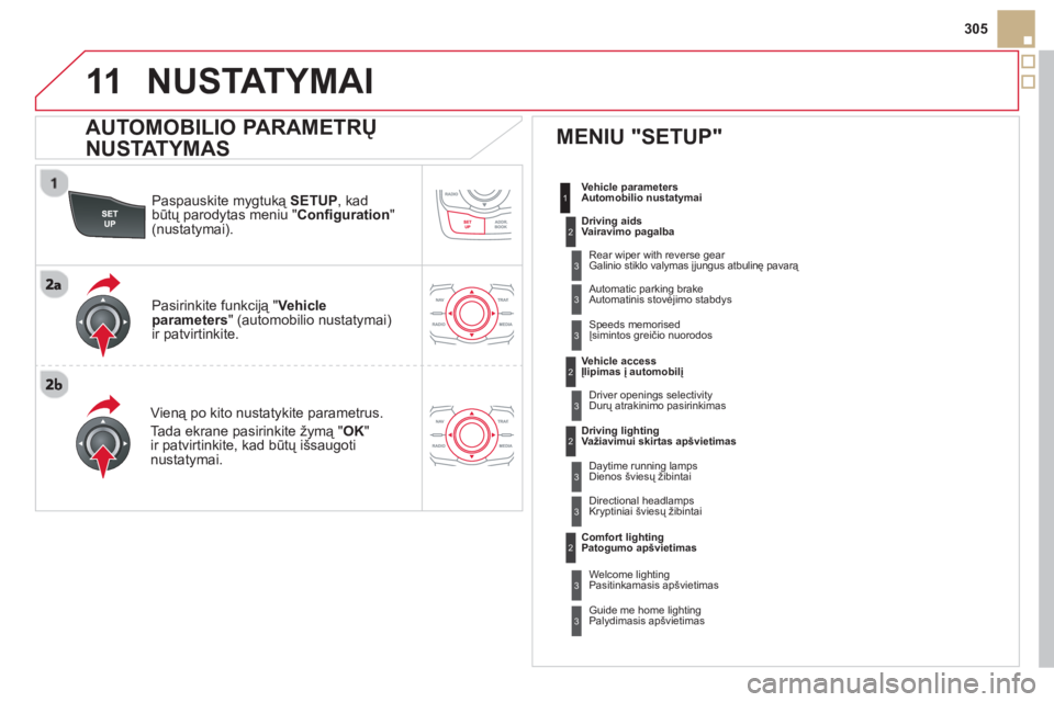 CITROEN DS5 HYBRID 2013  Eksploatavimo vadovas (in Lithuanian) 11
  Vehicle parameters 
   
 
Driving aids  
  Rear wiper with reverse 
gear 
Automatic parkin
g brake
Speeds memorised 
   
Vehicle access  
  Driver openin
gs selectivity
 
 
Driving lighting  
  D