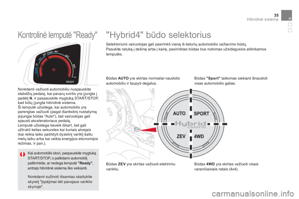 CITROEN DS5 HYBRID 2013  Eksploatavimo vadovas (in Lithuanian) 35
Hibridinė sistema
 
 
 
 
 
 
 
 
 
"Hybrid4" būdo selektorius  
Selektoriumi vairuotojas gali pasirinkti vieną iš keturių automobilio važiavimo būdų.
Pasukite ratuką į de
šinę arba į 
