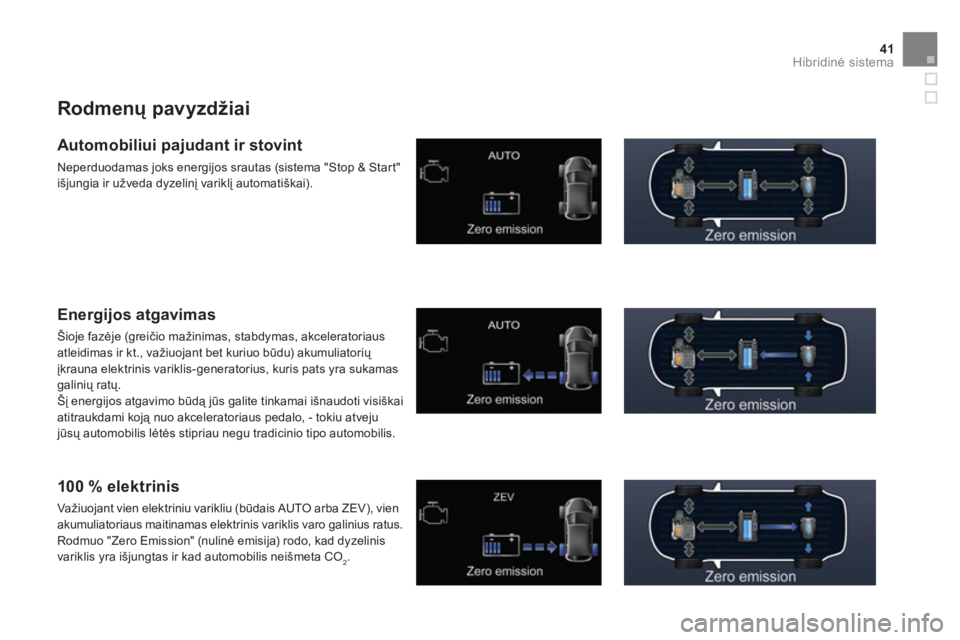 CITROEN DS5 HYBRID 2013  Eksploatavimo vadovas (in Lithuanian) 41Hibridinė sistema
 
 
Rodmenų pavyzdžiai 
 
 
Automobiliui pajudant ir stovint 
 
Neperduodamas joks energijos srautas (sistema "Stop & Star t" 
išjungia ir užveda dyzelinį variklį automatiš