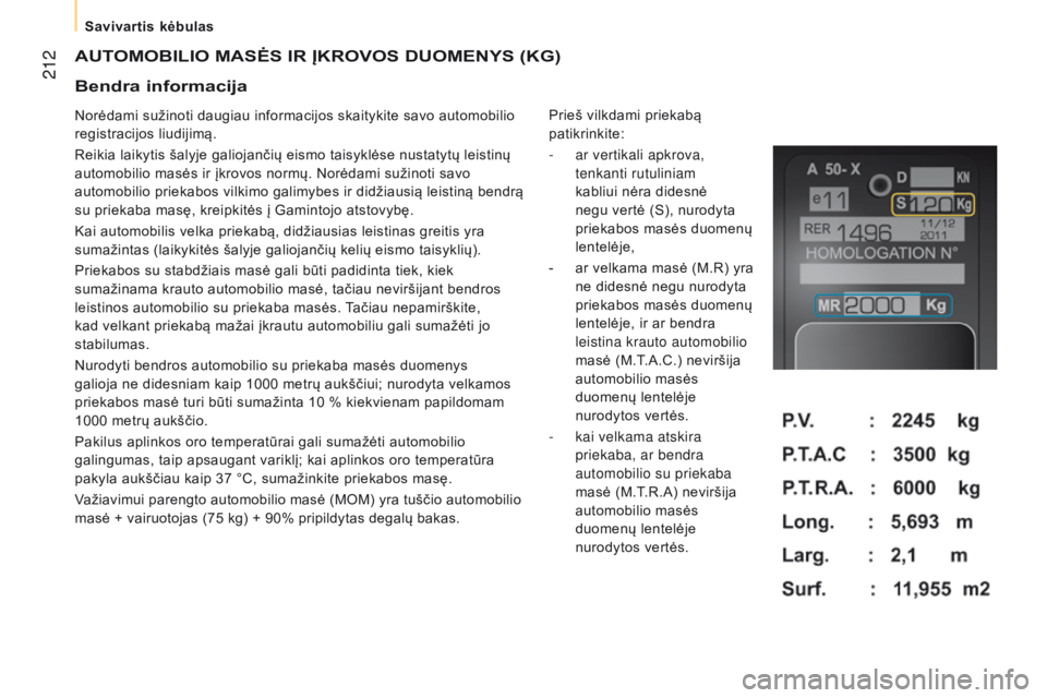 CITROEN JUMPER 2017  Eksploatavimo vadovas (in Lithuanian)  212
Jumper_lt_Chap10_Particularites_ed01-2016
aUTomoB i L io mas Ė s ir  ĮK ro V os d U om E n Y s ( KG )
Norėdami sužinoti daugiau informacijos skaitykite savo automobilio 
registracijos liudiji