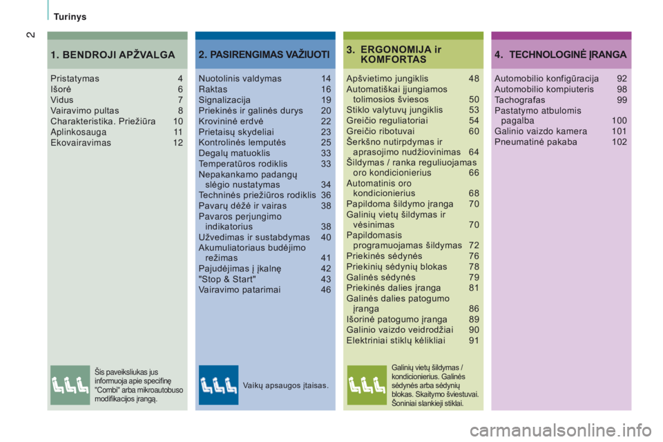 CITROEN JUMPER 2017  Eksploatavimo vadovas (in Lithuanian) 2
Turinys
Jumper_lt_Chap00a_Sommaire_ed01-2016
ErGonomija ir  
K omfor Tas3.
Apšvietimo jungiklis 48
Automatiškai įjungiamos  
tolimosios šviesos
 
50
Stiklo valytuvų jungiklis

 
53
Greičio reg