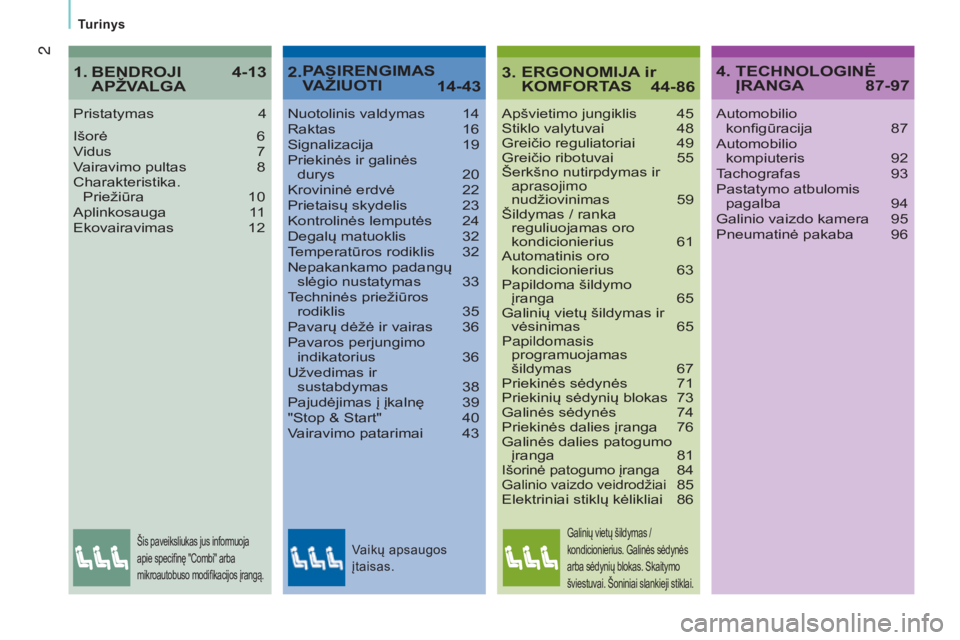 CITROEN JUMPER 2016 Eksploatavimo vadovas (in Lithuanian) 2
jumper_lt_Chap00a_Sommaire_ed01-2015
Turinys
Apšvietimo jungiklis 45
Stiklo valytuvai 48
Greičio reguliatoriai
49
Greičio ribotuvai
55
Šerkšno nutirpdymas ir aprasojimo
nudžiovinima CITROEN JUMPER 2016 Eksploatavimo vadovas (in Lithuanian) 2
jumper_lt_Chap00a_Sommaire_ed01-2015
Turinys
Apšvietimo jungiklis 45
Stiklo valytuvai 48
Greičio reguliatoriai
49
Greičio ribotuvai
55
Šerkšno nutirpdymas ir aprasojimo
nudžiovinima