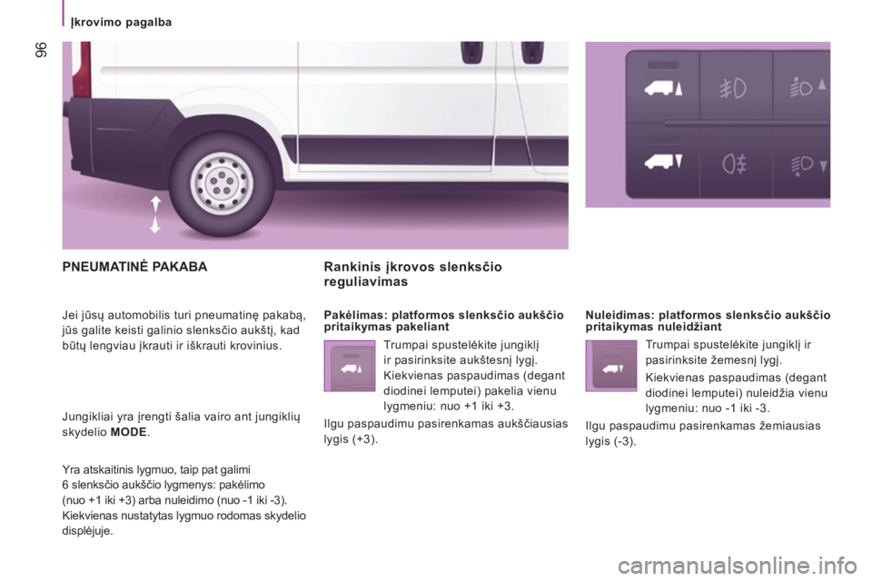CITROEN JUMPER 2016 Eksploatavimo vadovas (in Lithuanian) 96
jumper_lt_Chap04_Technologie-a-bord_ed01-2015
PNEUMATINĖ PAKABA
Jei jūsų automobilis turi pneumatinę pakabą,
jūs galite keisti galinio slenksčio aukštį, kad
būtų lengviau įkrauti ir CITROEN JUMPER 2016 Eksploatavimo vadovas (in Lithuanian) 96
jumper_lt_Chap04_Technologie-a-bord_ed01-2015
PNEUMATINĖ PAKABA
Jei jūsų automobilis turi pneumatinę pakabą,
jūs galite keisti galinio slenksčio aukštį, kad
būtų lengviau įkrauti ir