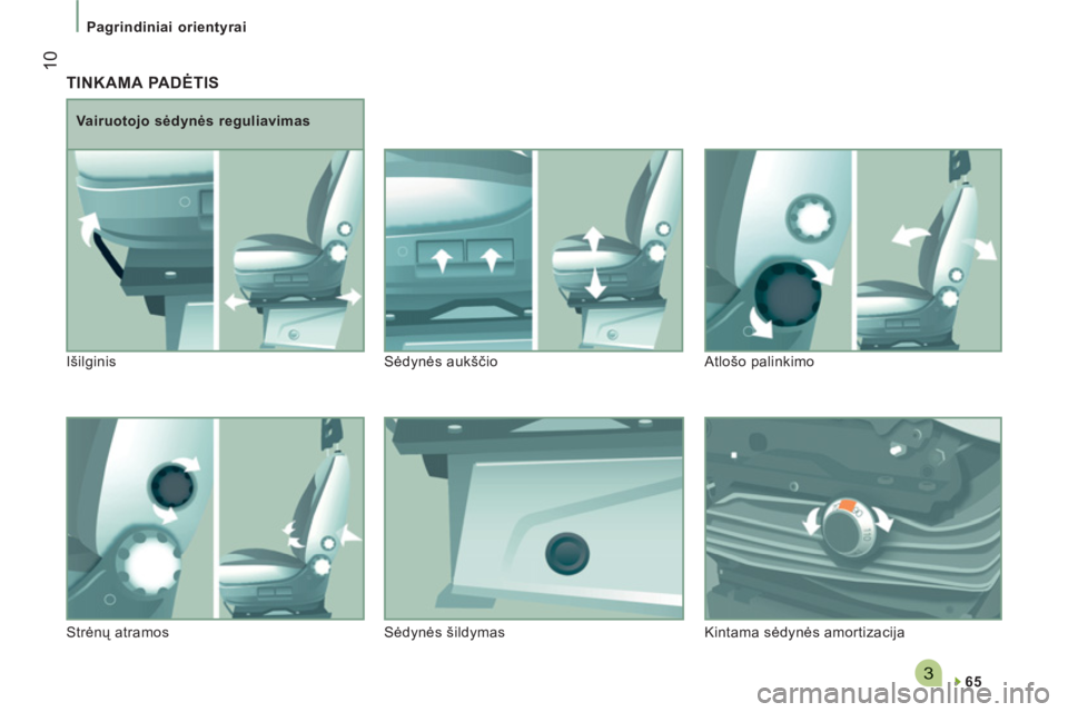 CITROEN JUMPER 2014 Eksploatavimo vadovas (in Lithuanian) 3
10
Pagrindiniai orientyrai
TINKAMA PADĖTIS
65
Vairuotojo sėdynės reguliavimas
Išilginis Sėdynės aukščio Atlošo palinkimo
Strėnų atramos Sėdynės šildyma CITROEN JUMPER 2014 Eksploatavimo vadovas (in Lithuanian) 3
10
Pagrindiniai orientyrai
TINKAMA PADĖTIS
65
Vairuotojo sėdynės reguliavimas
Išilginis Sėdynės aukščio Atlošo palinkimo
Strėnų atramos Sėdynės šildyma