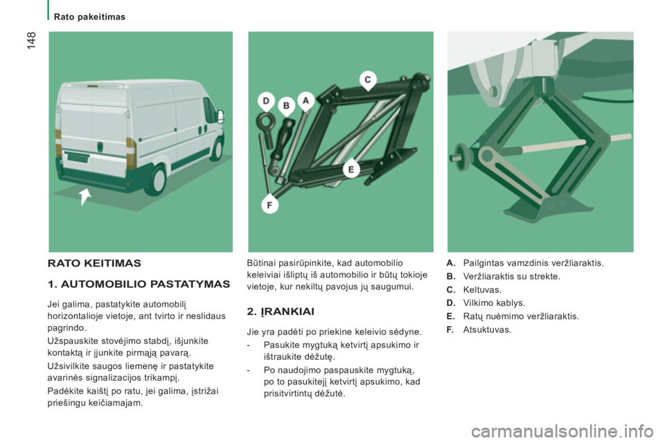 CITROEN JUMPER 2013 Eksploatavimo vadovas (in Lithuanian) 14
8
Rato pakeitimas
1. AUTOMOBILIO PASTATYMAS
Jei galima, pastatykite automobilį
horizontalioje vietoje, ant tvirto ir neslidaus
pagrindo.
Užspauskite stovėjimo stabdį, išj CITROEN JUMPER 2013 Eksploatavimo vadovas (in Lithuanian) 14
8
Rato pakeitimas
1. AUTOMOBILIO PASTATYMAS
Jei galima, pastatykite automobilį
horizontalioje vietoje, ant tvirto ir neslidaus
pagrindo.
Užspauskite stovėjimo stabdį, išj