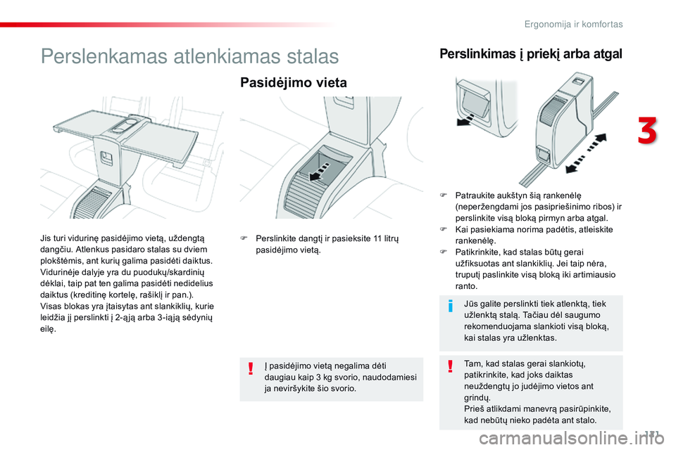 CITROEN JUMPER SPACETOURER 2017 Eksploatavimo vadovas (in Lithuanian) 121
Spacetourer-VP_lt_Chap03_ergonomie-et-confort_ed01-2016
Perslenkamas atlenkiamas stalas
Pasidėjimo vieta
Tam, kad stalas gerai slankiotų,
patikrinkite, kad joks daiktas
neuždengtų jo judėji CITROEN JUMPER SPACETOURER 2017 Eksploatavimo vadovas (in Lithuanian) 121
Spacetourer-VP_lt_Chap03_ergonomie-et-confort_ed01-2016
Perslenkamas atlenkiamas stalas
Pasidėjimo vieta
Tam, kad stalas gerai slankiotų,
patikrinkite, kad joks daiktas
neuždengtų jo judėji
