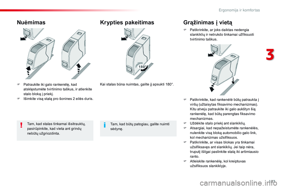 CITROEN JUMPER SPACETOURER 2017 Eksploatavimo vadovas (in Lithuanian) 123
Spacetourer-VP_lt_Chap03_ergonomie-et-confort_ed01-2016
F Patraukite iki galo rankenėlę, kad atsklęstumėte tvirtinimo taškus, ir atlenkite
stalo bloką į priekį.
F
I
šimkite visą stal CITROEN JUMPER SPACETOURER 2017 Eksploatavimo vadovas (in Lithuanian) 123
Spacetourer-VP_lt_Chap03_ergonomie-et-confort_ed01-2016
F Patraukite iki galo rankenėlę, kad atsklęstumėte tvirtinimo taškus, ir atlenkite
stalo bloką į priekį.
F
I
šimkite visą stal