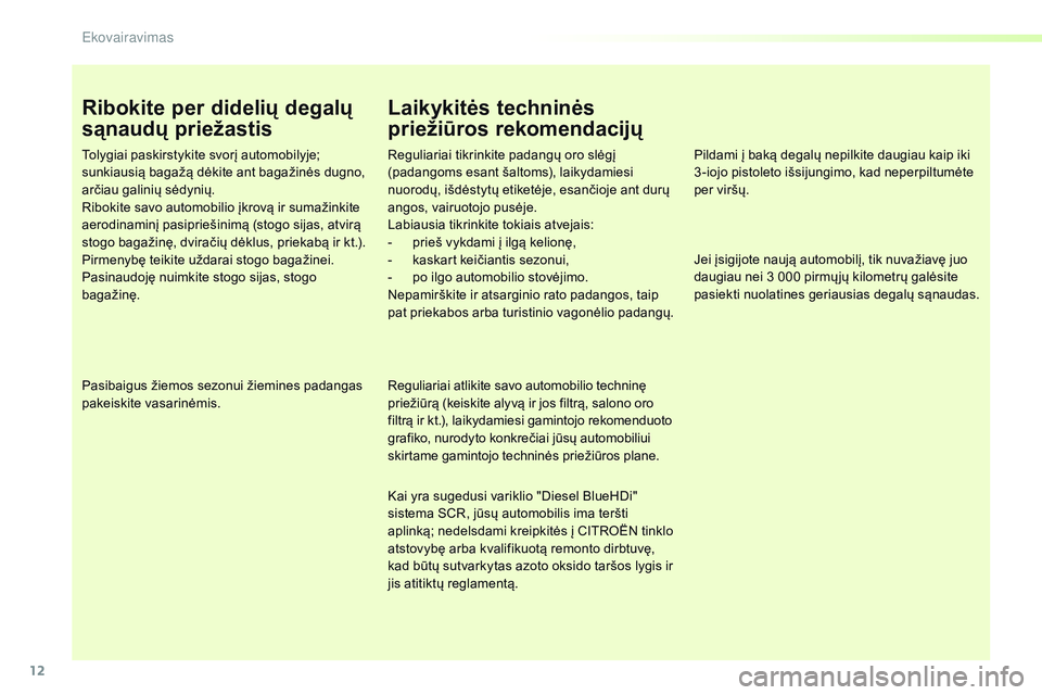 CITROEN JUMPER SPACETOURER 2017 Eksploatavimo vadovas (in Lithuanian) 12
Spacetourer-VP_lt_Chap00c_eco-conduite_ed01-2016
Ribokite per didelių degalų
sąnaudų priežastis
Tolygiai paskirstykite svorį automobilyje;
sunkiausią bagažą dėkite ant bagažinės dugno CITROEN JUMPER SPACETOURER 2017 Eksploatavimo vadovas (in Lithuanian) 12
Spacetourer-VP_lt_Chap00c_eco-conduite_ed01-2016
Ribokite per didelių degalų
sąnaudų priežastis
Tolygiai paskirstykite svorį automobilyje;
sunkiausią bagažą dėkite ant bagažinės dugno