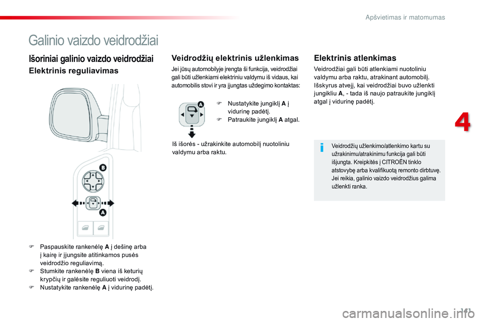 CITROEN JUMPER SPACETOURER 2017  Eksploatavimo vadovas (in Lithuanian) 141
Spacetourer-VP_lt_Chap04_eclairage-et-visibilite_ed01-2016
F Paspauskite rankenėlę A į dešinę arba 
į kairę ir į jungsite atitinkamos pusės 
veidrodžio reguliavimą.
F
 
S
 tumkite ranke