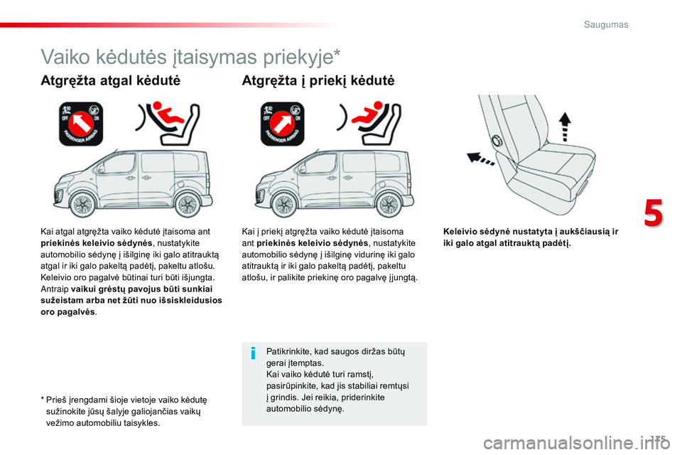 CITROEN JUMPER SPACETOURER 2017 Eksploatavimo vadovas (in Lithuanian) 175
Spacetourer-VP_lt_Chap05_securite_ed01-2016
Keleivio sėdynė nustatyta į aukščiausią ir
iki galo atgal atitrauktą padėtį.
Atgręžta atgal kėdutė
Vaiko kėdutės įtaisymas priekyje*
At CITROEN JUMPER SPACETOURER 2017 Eksploatavimo vadovas (in Lithuanian) 175
Spacetourer-VP_lt_Chap05_securite_ed01-2016
Keleivio sėdynė nustatyta į aukščiausią ir
iki galo atgal atitrauktą padėtį.
Atgręžta atgal kėdutė
Vaiko kėdutės įtaisymas priekyje*
At