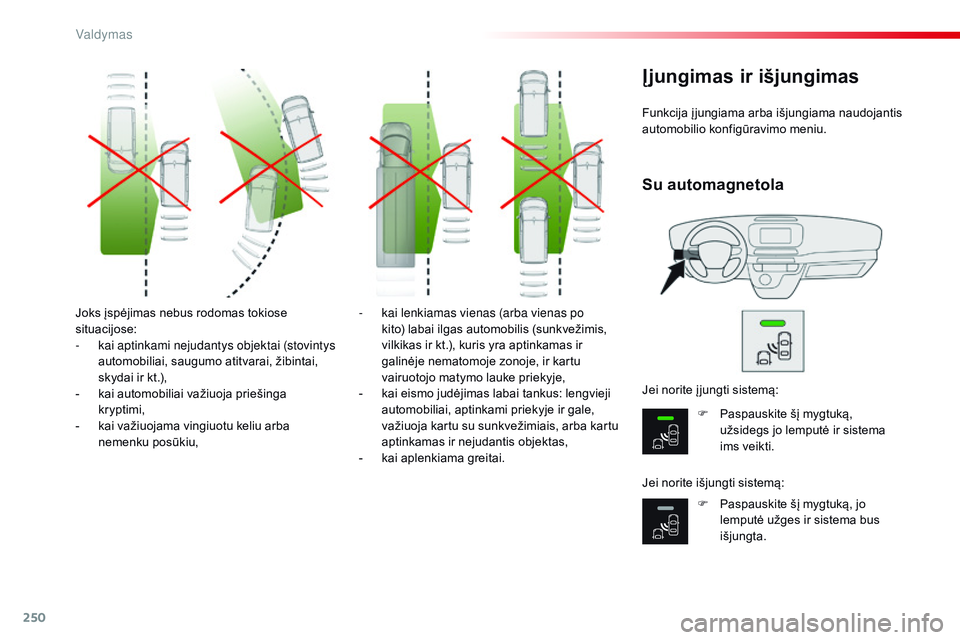 CITROEN JUMPER SPACETOURER 2017 Eksploatavimo vadovas (in Lithuanian) 250
Spacetourer-VP_lt_Chap06_conduite_ed01-2016
Joks įspėjimas nebus rodomas tokiose
situacijose:
-
k
ai aptinkami nejudantys objektai (stovintys
automobiliai, saugumo atitvarai, žibintai,
sky CITROEN JUMPER SPACETOURER 2017 Eksploatavimo vadovas (in Lithuanian) 250
Spacetourer-VP_lt_Chap06_conduite_ed01-2016
Joks įspėjimas nebus rodomas tokiose
situacijose:
-
k
ai aptinkami nejudantys objektai (stovintys
automobiliai, saugumo atitvarai, žibintai,
sky