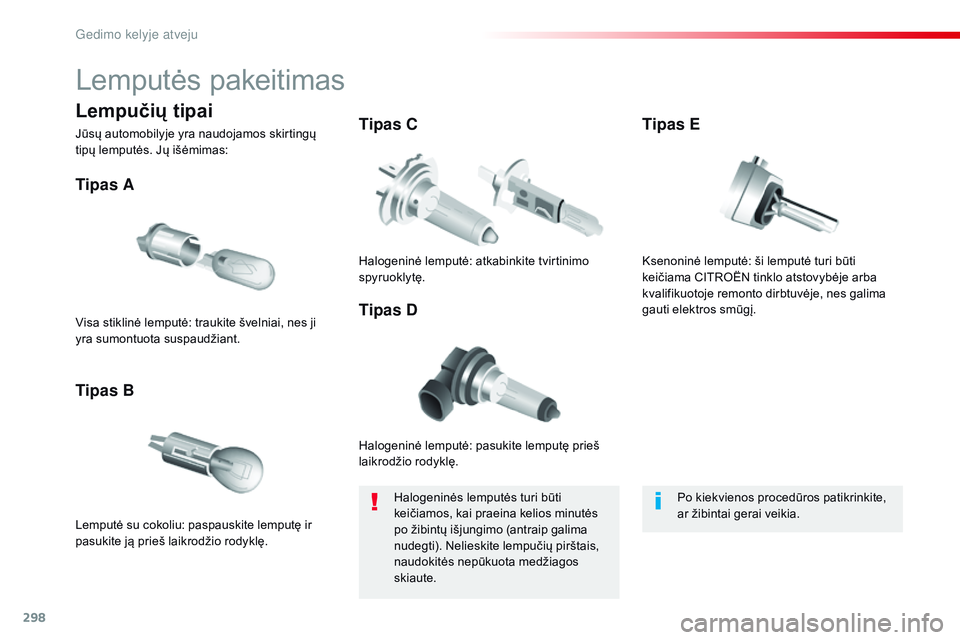 CITROEN JUMPER SPACETOURER 2017 Eksploatavimo vadovas (in Lithuanian) 298
Spacetourer-VP_lt_Chap08_En-cas-de-panne_ed01-2016
Lemputės pakeitimas
Halogeninė lemputė: pasukite lemputę prieš
laikrodžio rodyklę.
Tipas A
Lemputė su cokoliu: paspauskite lemputę ir
CITROEN JUMPER SPACETOURER 2017 Eksploatavimo vadovas (in Lithuanian) 298
Spacetourer-VP_lt_Chap08_En-cas-de-panne_ed01-2016
Lemputės pakeitimas
Halogeninė lemputė: pasukite lemputę prieš
laikrodžio rodyklę.
Tipas A
Lemputė su cokoliu: paspauskite lemputę ir