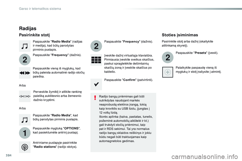 CITROEN JUMPER SPACETOURER 2017  Eksploatavimo vadovas (in Lithuanian) 384
1
2
2
2
Spacetourer-VP_lt_Chap10b_nAC-1_ed01-2016
Paspauskite " Radio Media" (radijas 
ir medija), kad būtų parodytas 
pirminis puslapis.
Paspauskite mygtuką " OPTIONS", 
kad pa