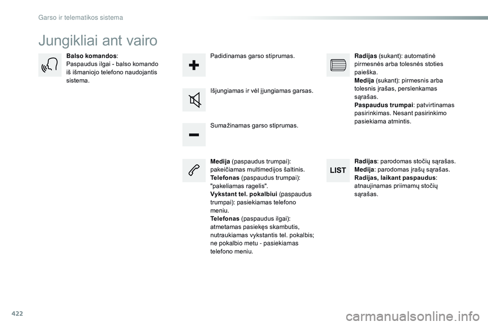 CITROEN JUMPER SPACETOURER 2017  Eksploatavimo vadovas (in Lithuanian) 422
Spacetourer-VP_lt_Chap10c_rCC-1_ed01-2016
Jungikliai ant vairo
Medija  (paspaudus trumpai): 
pakeičiamas multimedijos šaltinis.
Telefonas  (paspaudus trumpai): 
"pakeliamas ragelis".
Vyk