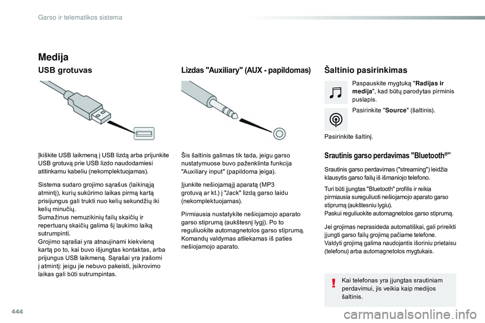 CITROEN JUMPER SPACETOURER 2017 Eksploatavimo vadovas (in Lithuanian) 444
Spacetourer-VP_lt_Chap10c_rCC-1_ed01-2016
Medija
USB grotuvas Šaltinio pasirinkimas
Pasirinkite "Source" (šaltinis).
Paspauskite mygtuką "
Radijas ir
medija ", kad būtų parod CITROEN JUMPER SPACETOURER 2017 Eksploatavimo vadovas (in Lithuanian) 444
Spacetourer-VP_lt_Chap10c_rCC-1_ed01-2016
Medija
USB grotuvas Šaltinio pasirinkimas
Pasirinkite "Source" (šaltinis).
Paspauskite mygtuką "
Radijas ir
medija ", kad būtų parod