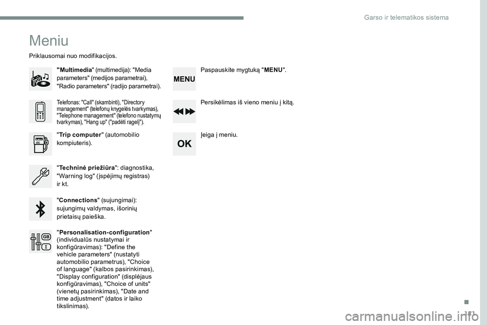 CITROEN JUMPER SPACETOURER 2017  Eksploatavimo vadovas (in Lithuanian) 151
Transversal-Citroen_lt_Chap03_RD6_ed01-2016
Meniu
"Multimedia" (multimedija): "Media 
parameters" (medijos parametrai), 
"Radio parameters" (radijo parametrai).
Priklausoma