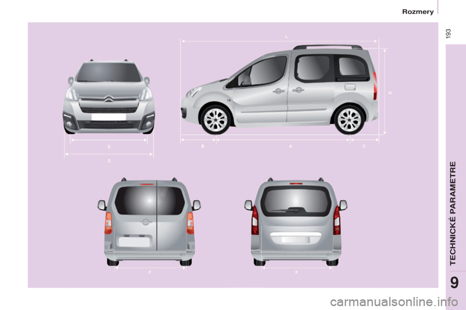 CITROEN BERLINGO MULTISPACE 2017  Návod na použitie (in Slovak)  193
Berlingo2VP_sk_Chap09_Caract-technique_ed02-2016Berlingo2VP_sk_Chap09_Caract-technique_ed02-2016 
TECHNICK\311 P
9 
Rozmery  