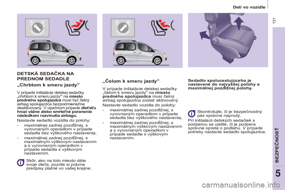 CITROEN BERLINGO MULTISPACE 2015 Návod na použitie (in Slovak) Berlingo-2-VP_sk_Chap05_Securite_ed01-2015
131
DETSká SEDAČkA NA
PREDNOM
SEDADLE
Skôr, ako na toto miesto dáte
svoje dieťa, pozrite si právne
predpisy platné vo vašej krajine.
„Chrbto CITROEN BERLINGO MULTISPACE 2015 Návod na použitie (in Slovak) Berlingo-2-VP_sk_Chap05_Securite_ed01-2015
131
DETSká SEDAČkA NA
PREDNOM
SEDADLE
Skôr, ako na toto miesto dáte
svoje dieťa, pozrite si právne
predpisy platné vo vašej krajine.
„Chrbto