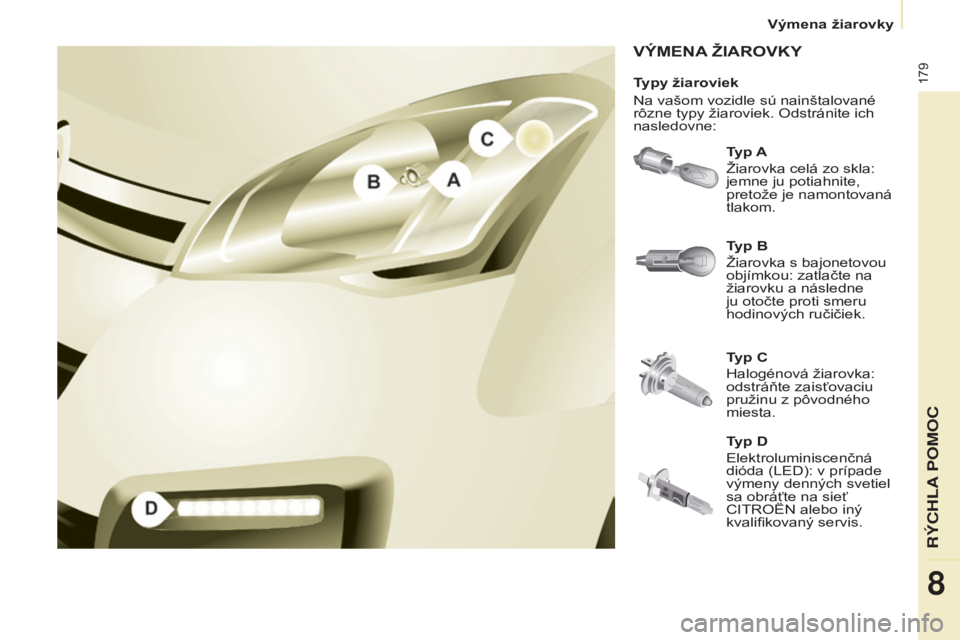 CITROEN BERLINGO MULTISPACE 2015 Návod na použitie (in Slovak) 179
Berlingo-2-vP_sk_Chap08_aide-rapide_ed01-2015Berlingo-2-vP_sk_Chap08_aide-rapide_ed01-2015
VÝMENA žIAROV ky
Typ A
ž
iarovka celá zo skla:
jemne ju potiahnite,
pretože je namontovaná
tlak CITROEN BERLINGO MULTISPACE 2015 Návod na použitie (in Slovak) 179
Berlingo-2-vP_sk_Chap08_aide-rapide_ed01-2015Berlingo-2-vP_sk_Chap08_aide-rapide_ed01-2015
VÝMENA žIAROV ky
Typ A
ž
iarovka celá zo skla:
jemne ju potiahnite,
pretože je namontovaná
tlak