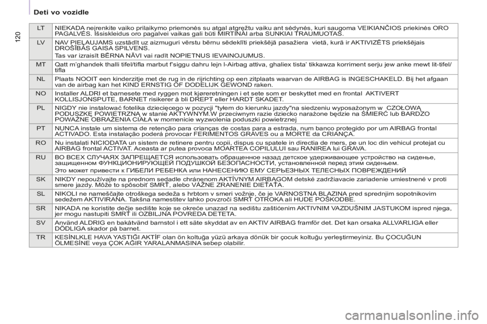 CITROEN BERLINGO MULTISPACE 2014  Návod na použitie (in Slovak) LTNIEKADA neįrenkite vaiko prilaikymo priemonės su atgal atgręžtu vaiku ant sėdynės, kuri saugoma VEIKIANČIOS priekinės ORO 
PAGALVĖS. Išsiskleidus oro pagalvei vaikas gali būti MIRTINAI ar