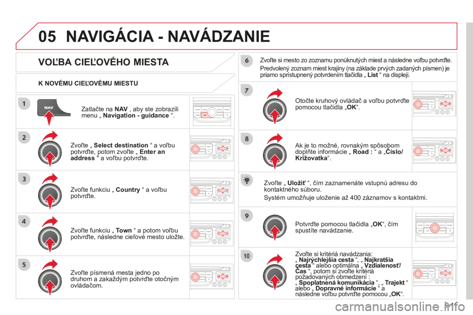 CITROEN BERLINGO MULTISPACE 2014  Návod na použitie (in Slovak) 9.11
05
Berlingo-2-VP-papier_sk_Chap09b_RT6-2-7_ed01-2014
  Zatlačte na  N AV  , aby ste zobrazili menu „  Navigation - guidance  “.  
  K NOVÉMU CIEĽOVÉMU MIESTU  
 NAVIGÁCIA - NAVÁDZANIE 

