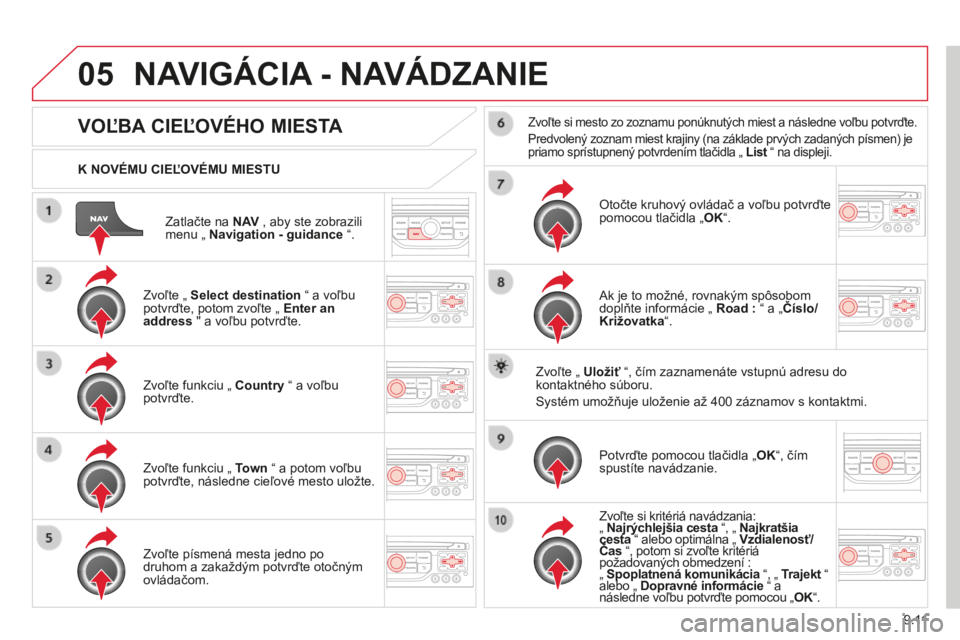 CITROEN BERLINGO MULTISPACE 2014 Návod na použitie (in Slovak) 9.11
05
Berlingo-2-VP-papier_sk_Chap09b_RT6-2-7_ed01-2014
Zatlačte na N AV , aby ste zobrazili menu „ Navigation - guidance “.
K NOVÉMU CIEĽOVÉMU MIESTU
NAVIGÁCIA - NAVÁDZANIE
CITROEN BERLINGO MULTISPACE 2014 Návod na použitie (in Slovak) 9.11
05
Berlingo-2-VP-papier_sk_Chap09b_RT6-2-7_ed01-2014
Zatlačte na N AV , aby ste zobrazili menu „ Navigation - guidance “.
K NOVÉMU CIEĽOVÉMU MIESTU
NAVIGÁCIA - NAVÁDZANIE
