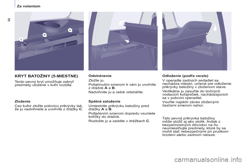 CITROEN BERLINGO MULTISPACE 2014 Návod na použitie (in Slovak) Za volantom
Berlingo-2-VP-papier_sk_Chap03_Ergonomie_ed01-2014
94
KRYT BATOŽINY (5-MIESTNE)
Tento pevný kryt umožňuje zakryť
predmety uložené v kufri vozidla. Odstránenie
Zložt CITROEN BERLINGO MULTISPACE 2014 Návod na použitie (in Slovak) Za volantom
Berlingo-2-VP-papier_sk_Chap03_Ergonomie_ed01-2014
94
KRYT BATOŽINY (5-MIESTNE)
Tento pevný kryt umožňuje zakryť
predmety uložené v kufri vozidla. Odstránenie
Zložt