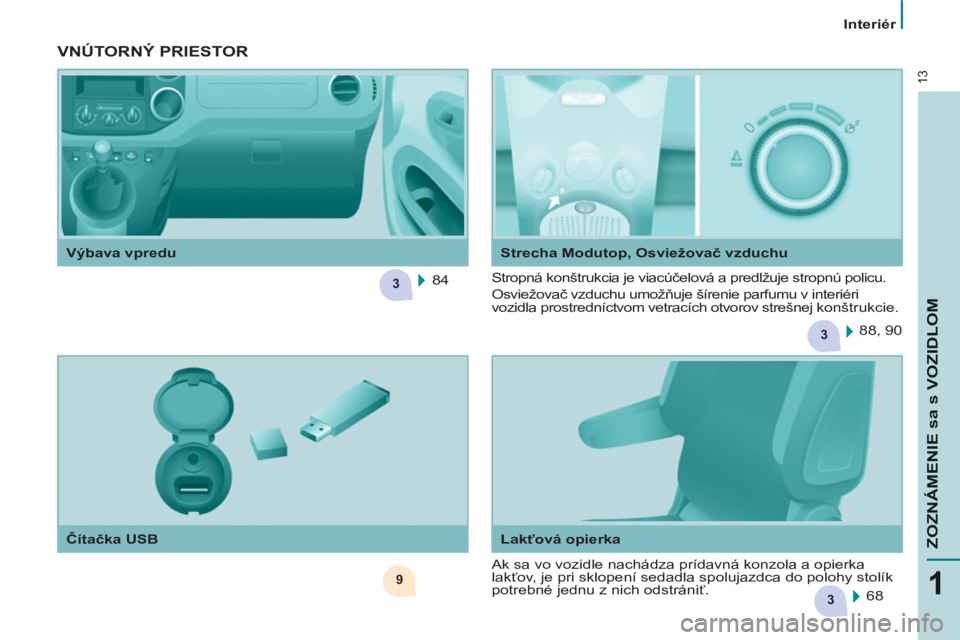 CITROEN BERLINGO MULTISPACE 2013  Návod na použitie (in Slovak) 3
3
3
9
13
1
ZOZNÁMENIE sa s VOZIDLO
M
   
 
Interiér  
 
   
Lakťová opierka   
 
Čítačka USB     
Strecha Modutop, Osviežovač vzduchu 
 VNÚTORNÝ PRIESTOR  
 
Ak sa vo vozidle nachádza pr