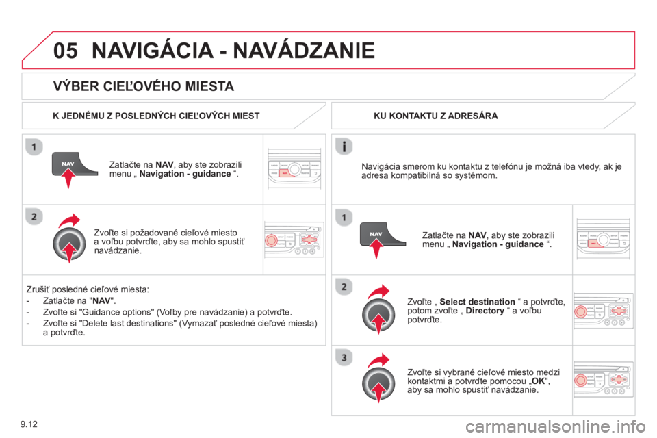 CITROEN BERLINGO MULTISPACE 2013  Návod na použitie (in Slovak) 9.12
05
   VÝBER CIEĽOVÉHO MIESTA 
NAVIGÁCIA - NAVÁDZANIE 
 
 
K JEDNÉMU Z POSLEDNÝCH CIEĽOVÝCH MIEST  
Z
atlačte na NAV, aby ste zobrazilimenu „ Navigation - guidance“.  
   
Zvoľte si