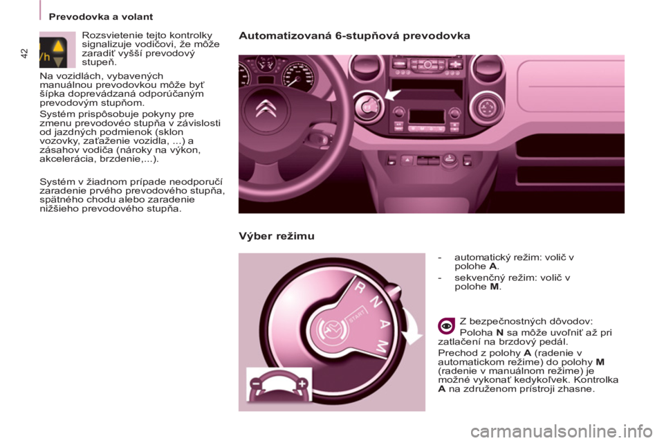 CITROEN BERLINGO MULTISPACE 2013  Návod na použitie (in Slovak) 42
   
 
Prevodovka a volant  
 
Automatizovaná 6-stupňová prevodovka 
 
 
 
-   automatický režim: volič v 
polohe  A 
. 
   
-  sekvenčný režim: volič v 
polohe  M 
.  
 
   
Z bezpečnost CITROEN BERLINGO MULTISPACE 2013  Návod na použitie (in Slovak) 42
   
 
Prevodovka a volant  
 
Automatizovaná 6-stupňová prevodovka 
 
 
 
-   automatický režim: volič v 
polohe  A 
. 
   
-  sekvenčný režim: volič v 
polohe  M 
.  
 
   
Z bezpečnost