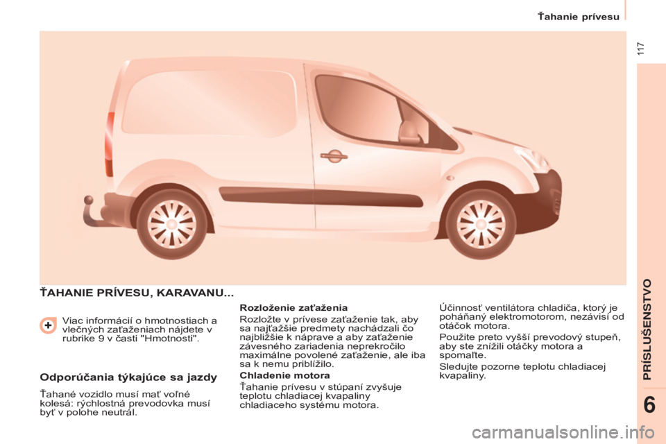 CITROEN BERLINGO ELECTRIC 2017 Návod na použitie (in Slovak) 117
Berlingo-2-vu_sk_Chap06_accessoire_ed01-2015
viac informácií o hmotnostiach a
vlečných zaťaženiach nájdete v
rubrike 9
v časti "Hmotnosti".
ŤAHANIE PRÍVESU, KARAVANU...
Rozl CITROEN BERLINGO ELECTRIC 2017 Návod na použitie (in Slovak) 117
Berlingo-2-vu_sk_Chap06_accessoire_ed01-2015
viac informácií o hmotnostiach a
vlečných zaťaženiach nájdete v
rubrike 9
v časti "Hmotnosti".
ŤAHANIE PRÍVESU, KARAVANU...
Rozl