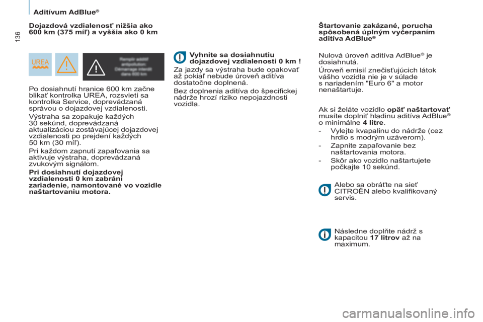 CITROEN BERLINGO ELECTRIC 2017 Návod na použitie (in Slovak) 136
Berlingo-2-vu_sk_Chap07_verification_ed01-2015Berlingo-2-vu_sk_Chap07_verification_ed01-2015
Po dosiahnutí hranice 600 km začne
blikať kontrolka urea , rozsvieti sa
kontrolka Service, doprev CITROEN BERLINGO ELECTRIC 2017 Návod na použitie (in Slovak) 136
Berlingo-2-vu_sk_Chap07_verification_ed01-2015Berlingo-2-vu_sk_Chap07_verification_ed01-2015
Po dosiahnutí hranice 600 km začne
blikať kontrolka urea , rozsvieti sa
kontrolka Service, doprev