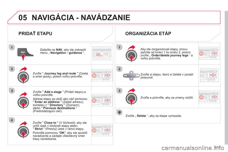 CITROEN BERLINGO ELECTRIC 2015  Návod na použitie (in Slovak) 9.17
05NAVIGÁCIA - NAVÁDZANIE 
   
PRIDAŤ ETAPU
 
 
Zatlačte na  NAV 
, aby ste zobrazili menu „  Navigation - guidance“.
Zvoľte "  Journey leg and route" (Cesta a smer jazdy), potom voľbu p