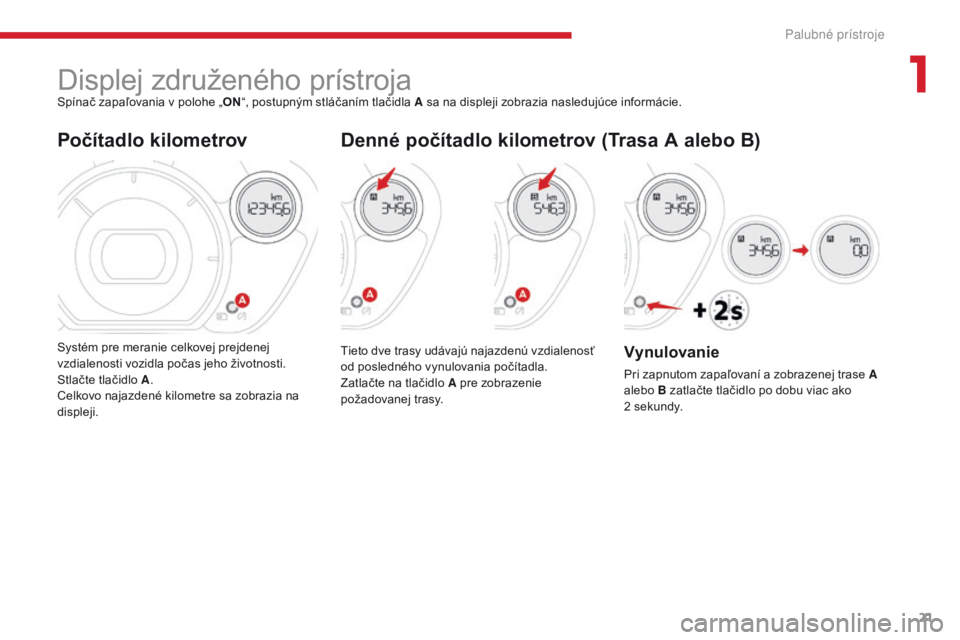 CITROEN C-ZERO 2017 Návod na použitie (in Slovak) 21
C-Zero_sk_Chap01_instruments-de-bord_ed01-2016
Displej združeného prístrojaSpínač zapaľovania v polohe „ON“, postupným stláčaním tlačidla A sa na displeji zobrazia nasledujúce infor CITROEN C-ZERO 2017 Návod na použitie (in Slovak) 21
C-Zero_sk_Chap01_instruments-de-bord_ed01-2016
Displej združeného prístrojaSpínač zapaľovania v polohe „ON“, postupným stláčaním tlačidla A sa na displeji zobrazia nasledujúce infor