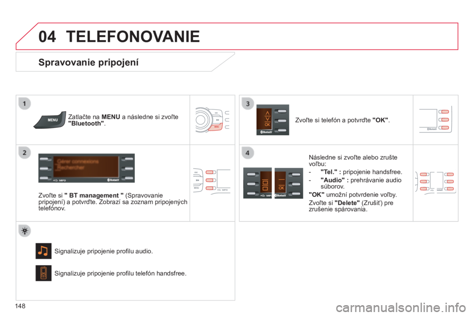 CITROEN C-ZERO 2016 Návod na použitie (in Slovak)
04
148
C-zero_sk_Chap11b_rDe2_ed01-2014
TELEFONOVANIE
Zatlačte na MENU a následne si zvoľte
"Bluetooth".
Zvoľte si " BT management " (Spravovanie
pripojení) a potvrďte. Zobr CITROEN C-ZERO 2016 Návod na použitie (in Slovak)
04
148
C-zero_sk_Chap11b_rDe2_ed01-2014
TELEFONOVANIE
Zatlačte na MENU a následne si zvoľte
"Bluetooth".
Zvoľte si " BT management " (Spravovanie
pripojení) a potvrďte. Zobr
