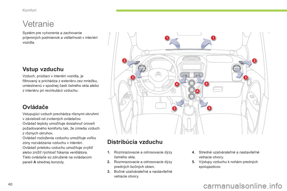 CITROEN C-ZERO 2016  Návod na použitie (in Slovak) 40
C-zero_sk_Chap03_confort_ed01-2014
vetranie
Vstup vzduchu
vzduch, prúdiaci v interiéri vozidla, je 
f iltrovaný a prichádza z exteriéru cez mriežku, 
umiestnenú v spodnej časti čelného sk