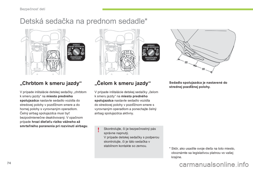 CITROEN C-ZERO 2016 Návod na použitie (in Slovak) 74
C-zero_sk_Chap07_securite-enfants_ed01-2014
Detská sedačka na prednom sedadle*
„Chrbtom k smeru jazdy“
v prípade inštalácie detskej sedačky „chrbtom
k s meru jazdy“ na miesto predné CITROEN C-ZERO 2016 Návod na použitie (in Slovak) 74
C-zero_sk_Chap07_securite-enfants_ed01-2014
Detská sedačka na prednom sedadle*
„Chrbtom k smeru jazdy“
v prípade inštalácie detskej sedačky „chrbtom
k s meru jazdy“ na miesto predné