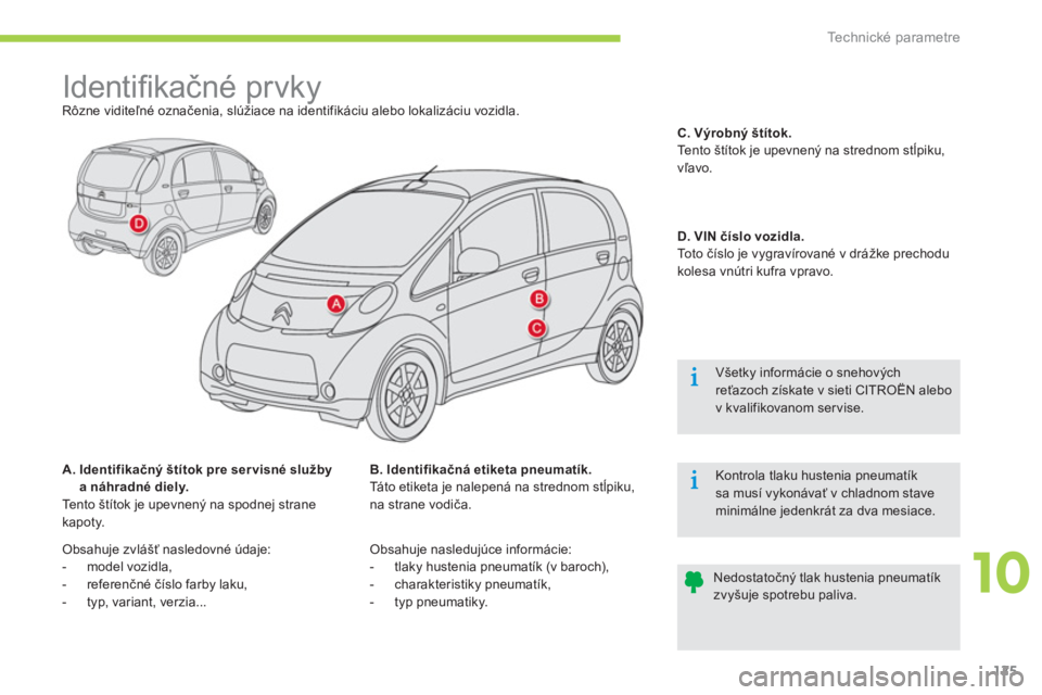 CITROEN C-ZERO 2014  Návod na použitie (in Slovak) 10
Technické parametre
125
   
 
 
 
 
 
 
 
 
 
 
 
 
 
Identiﬁ kačné prvky  
Rôzne viditeľné označenia, slúžiace na identifikáciu alebo lokalizáciu vozidla. 
A.  Identifikačnýštítok
