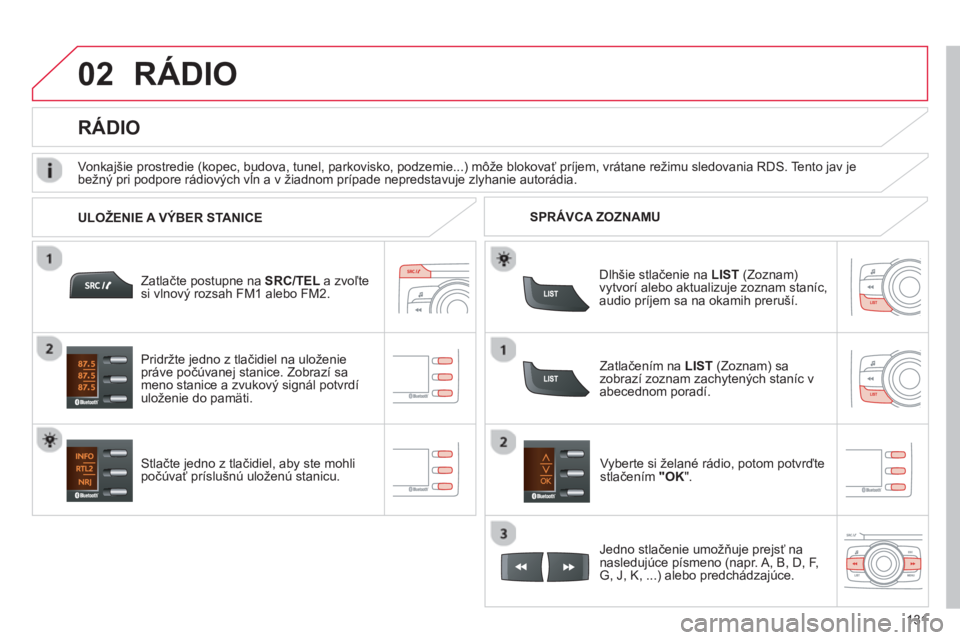 CITROEN C-ZERO 2014  Návod na použitie (in Slovak) 02
131
RÁDIO 
Zatlačte postupne na SRC/TEL a zvoľtesi vlnovČ rozsah FM1 alebo FM2.
Stlačte jedno z tlačidiel, aby ste mohli počúvať príslušnú uloženú stanicu.Vyberte si želané rádio, 