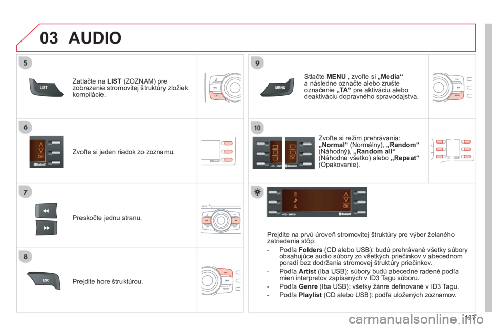 CITROEN C-ZERO 2014  Návod na použitie (in Slovak) 03
137
Zvoľte si jeden riadok zo zoznamu.
Preskočte 
jednu stranu.   
Stlačte  MENU, zvoľte si „Media“a následne označte alebo zru
