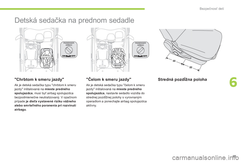 CITROEN C-ZERO 2014  Návod na použitie (in Slovak) 6
Bezpečnosť detí
63
  Detská sedačka na prednom sedadle  
 
 
"Chrbtom k smeru jazdy"
 Ak je detská sedačka typu "chrbtom k smerujazdy" inštalovaná na mieste predného 
spolujazdca  , musí 