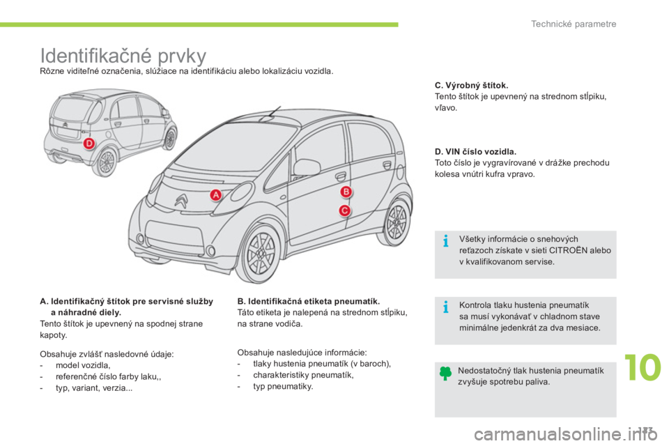 CITROEN C-ZERO 2012 Návod na použitie (in Slovak) 10
i
i
Technické parametre
123
Identifi kačné prvky
Rôzne viditeľné označenia, slúžiace na identifikáciu alebo lokalizáciu vozidla.
A. Identifikačnýštítok pre CITROEN C-ZERO 2012 Návod na použitie (in Slovak) 10
i
i
Technické parametre
123
Identifi kačné prvky
Rôzne viditeľné označenia, slúžiace na identifikáciu alebo lokalizáciu vozidla.
A. Identifikačnýštítok pre