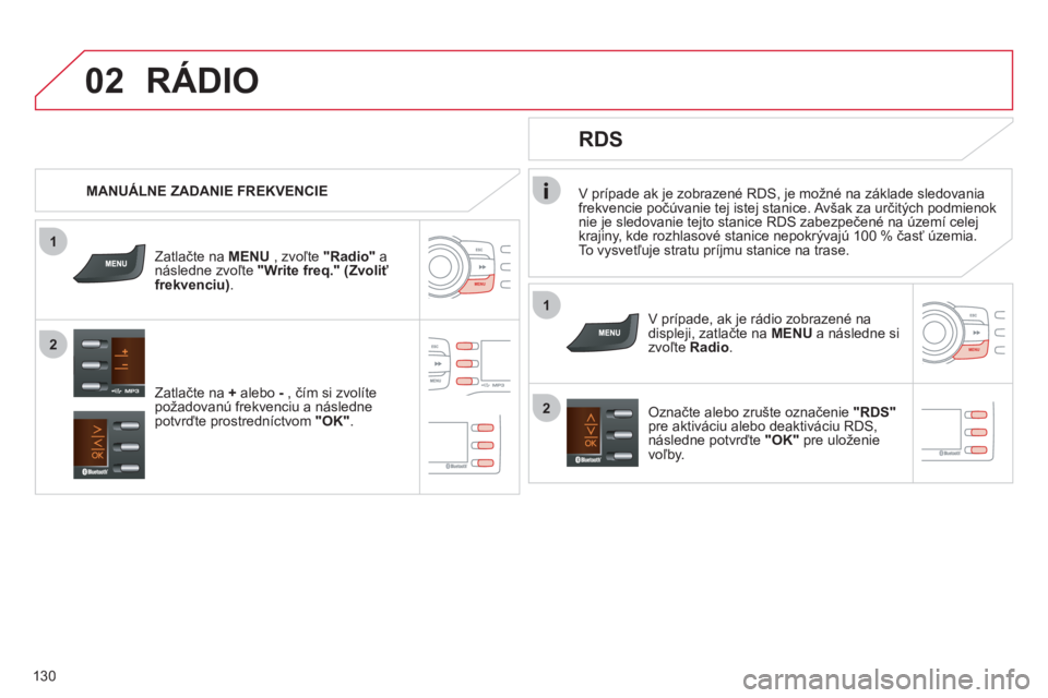 CITROEN C-ZERO 2012  Návod na použitie (in Slovak) 1
2
02
1
2
130
V prípade ak je zobrazené RDS, je možné na základe sledovania 
frekvencie počúvanie tej istej stanice. Avšak za určitých podmienok
nie je sledovanie tejto stanice RDS zabezpe