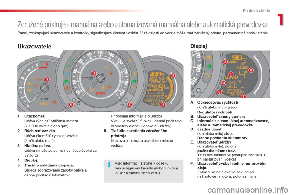 CITROEN C3 2015 Návod na použitie (in Slovak) 11
C3_sk_Chap01_Controle-de-marche_ed01-2014
C3_sk_Chap01_Controle-de-marche_ed01-2014
Združené prístroje - manuálna alebo automatizovaná manuálna alebo automatická prevodovka
Panel, zoskupujú CITROEN C3 2015 Návod na použitie (in Slovak) 11
C3_sk_Chap01_Controle-de-marche_ed01-2014
C3_sk_Chap01_Controle-de-marche_ed01-2014
Združené prístroje - manuálna alebo automatizovaná manuálna alebo automatická prevodovka
Panel, zoskupujú